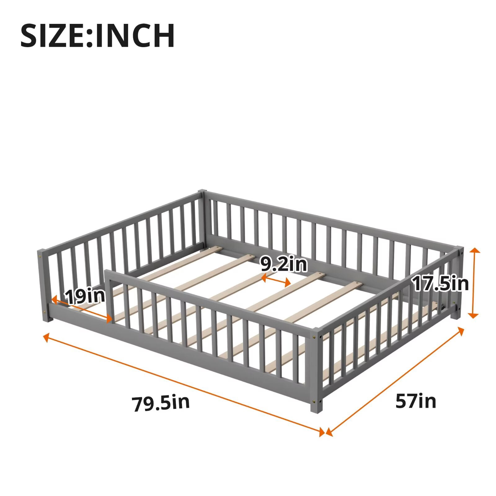 Full Floor Bed for Kids Toddlers, Multifunctional Montessori Bed Frame with Safety Guardrails and Wood Slats, Without Door, Easy Assemble, Grey