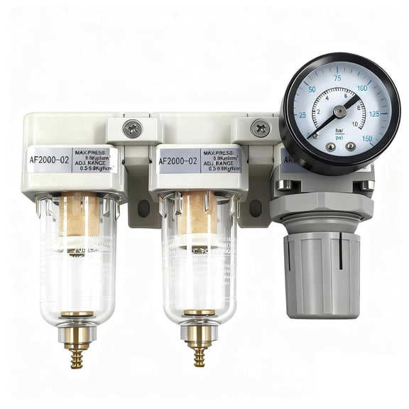 1/4" NPT Compressed Air Filter Regulator Lubricator (FRL) Combo, Water/Oil Trap Separator, Air Pressure Regulator with Pressure Gauge(0-150 psi), Manual Drain, Poly Bowl, Metal Bracket