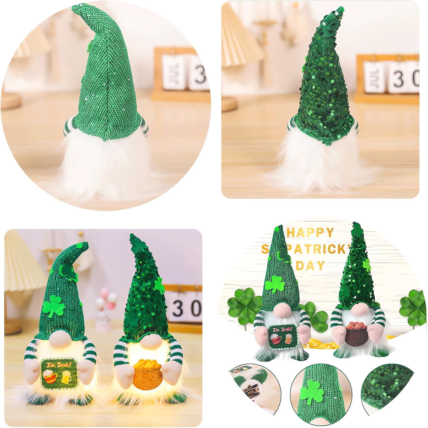 2 Pack St Patricks Day Gnomes Plush with Light, 11inch St. Patrick's Day Irish Elf Tomte Gnome Decoration Ornaments Table Indoor Home Decor