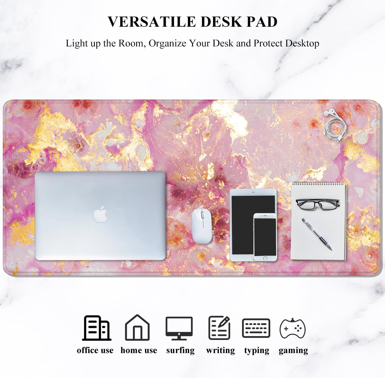 Large Mouse Pad, XXL Gaming Mousepad, Desk Mat for Desktop, Thick Rubber, Big & Long Size, Stitched Edges, Full Desk Pad for Laptop & Computer, Extended 31.5 x 11.8 in, Pink Gold Marble