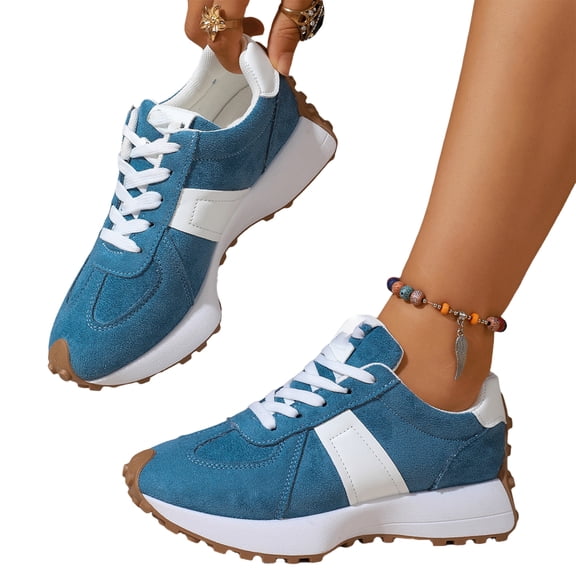 EKVAHL Women's Retro Platform Sneakers, Gum Sole Adjustable Lace Up Tennis Shoes, Lightweight Comfort Travel Outdoor Daily Walking Shoes Blue