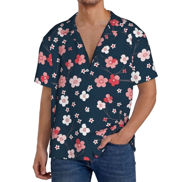 Fotbe Cherry Blossoms Camisa Estampada de Manga Corta para Hombre, Casual de Verano, Estilo Playero, Sin Arrugas-4X-Large