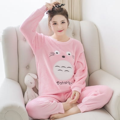 

Autumn Winter Warm Flannel Women Pyjamas Sets Thick Coral Velvet Long Sleeve Cartoon Sleepwear Thin Flannel Pajamas Set