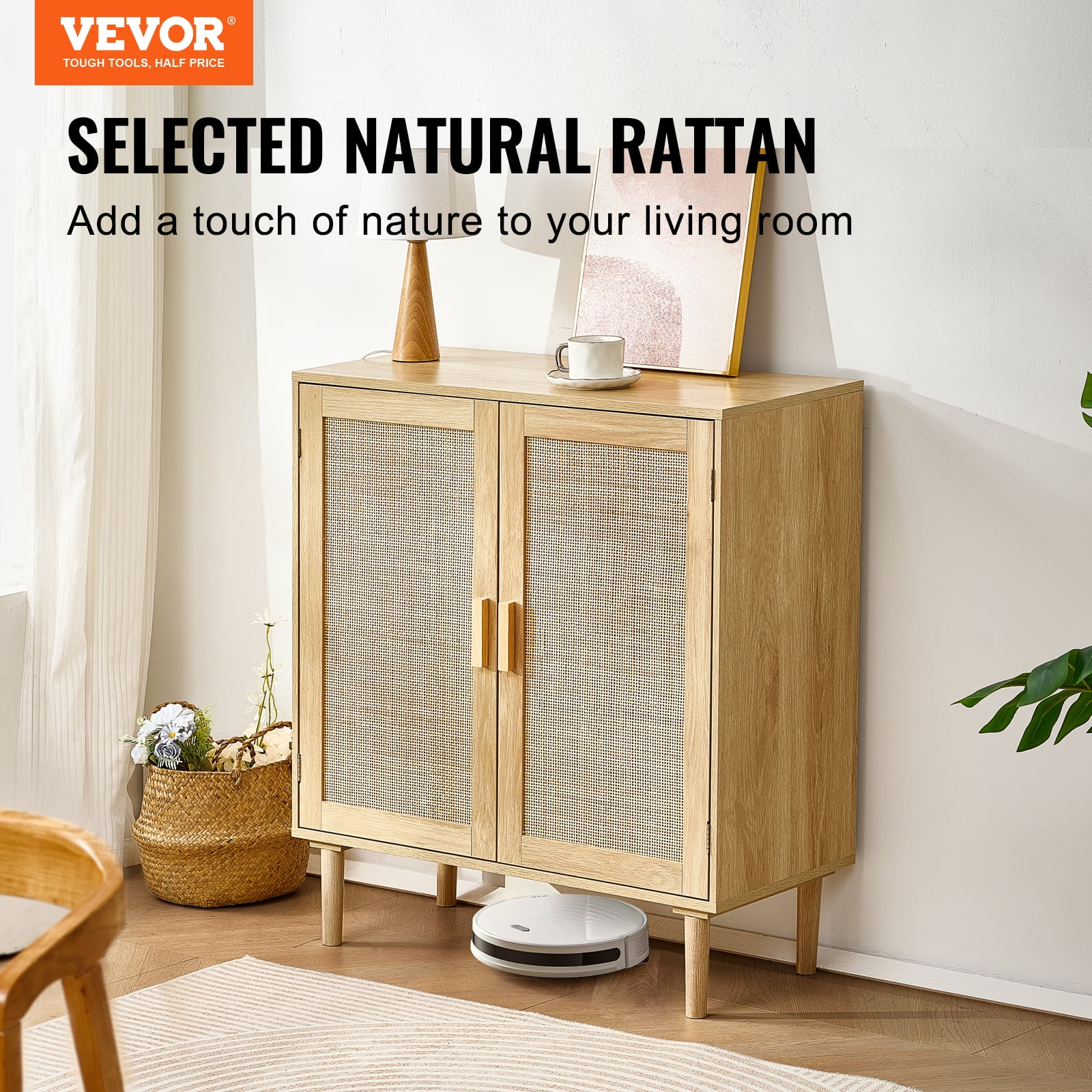 VEVOR Rattan Cabinet, Rattan Storage Cabinet with 2 Magnetic Doors and Adjustable Shelves, Sideboard Buffet Cabinet for Hallway, Entryway, Living Room, or Kitchen, Natural