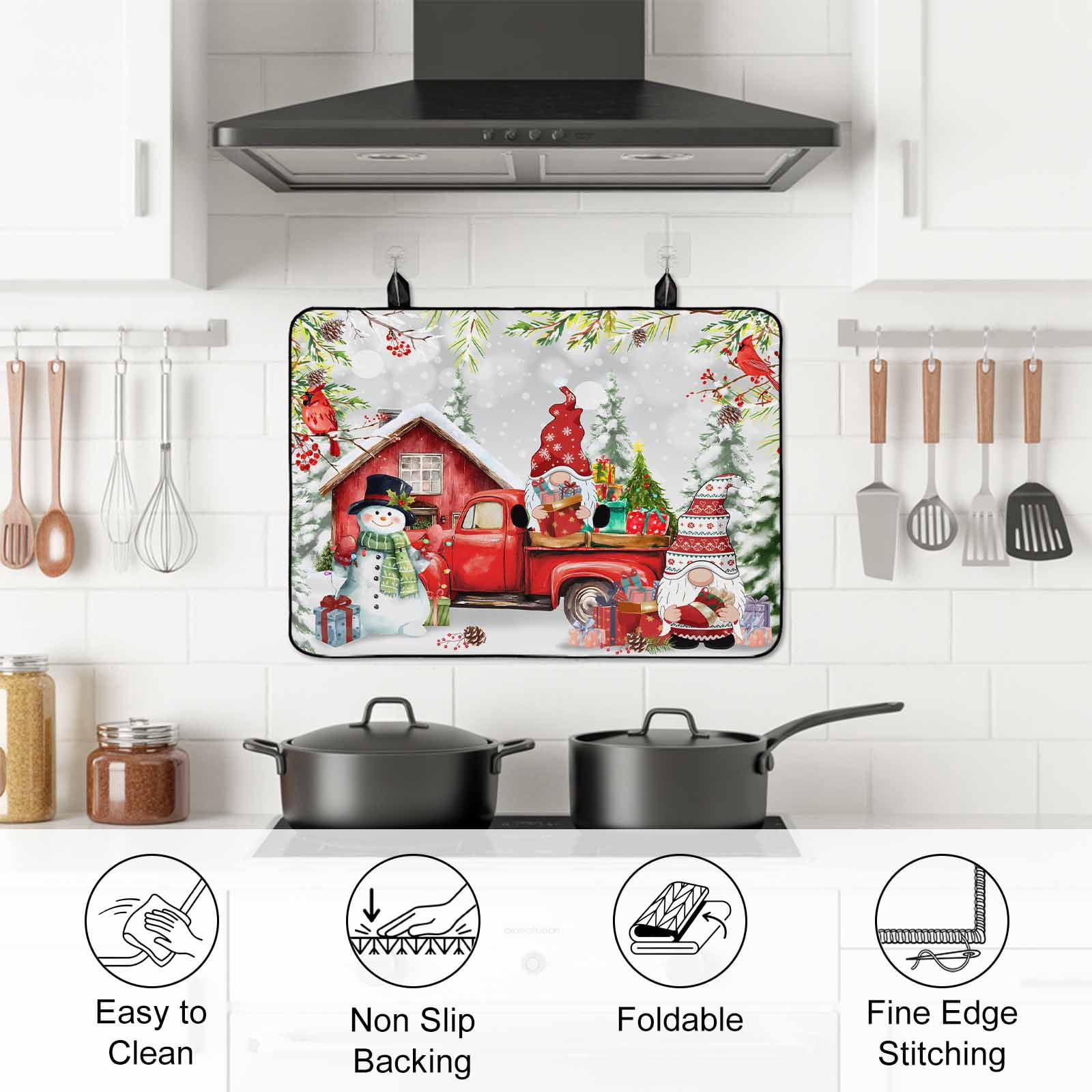 Red Christmas Stove Top Cover for Electric Stove, Heat-proof & Non Slip Glass Top Stove Cover Protector, Snowman Truck Gnomes Xmas Botanical Gifts Kitchen Flat Cooktop Rubber Mat 24x21 Inches