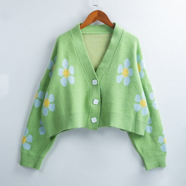 Lixada Short Cardigan For Women Flower Knit Sweater V Neck Button Long Sleeve Loose Coat Casual Walmart Com Walmart Com