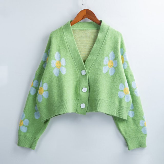 Cárdigan corto para mujer Suéter de punto con flores Botón con cuello en V Manga larga Abrigo suelto Abanopi Verde/Talla única