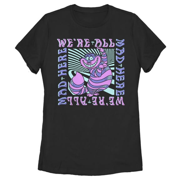 Women's Alice in Wonderland We're All Mad Here, Cheshire Cat Graphic Tee Black Small