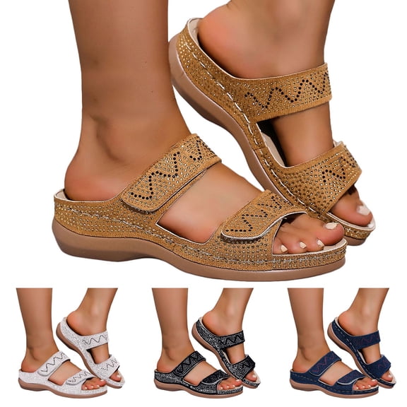 Pandaie Womens Sandals Rhinestone Orthopedic Summer Wedge Slides with Arch Support Ladies Sparkly Bohemian Casual Walking Shoes with Hook and Loop Beige Size 6