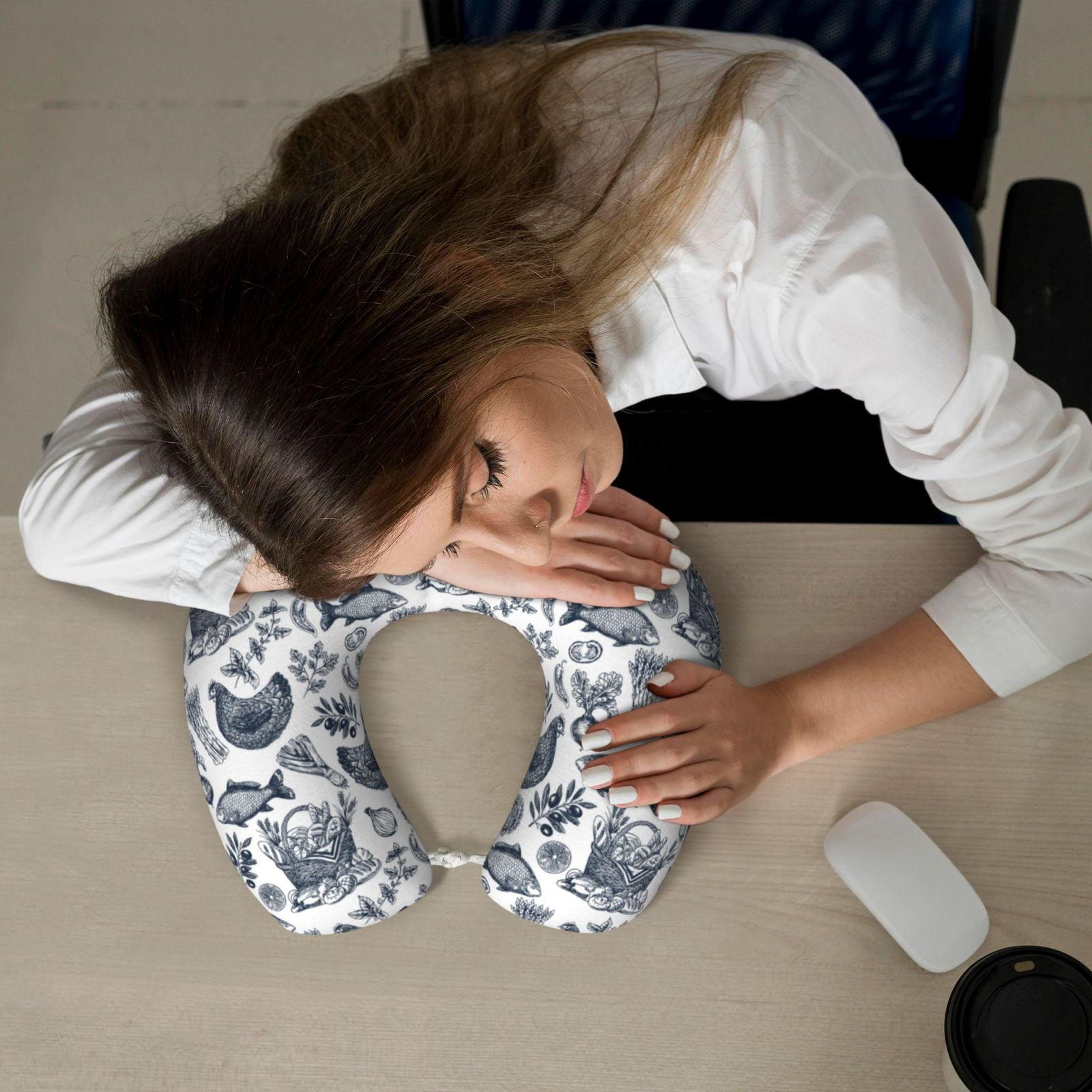 Xecao Chicken And Fish Print Memory Foam Cervical Neck Pillow Versatile U-Shaped Pillows for Home,Office,Camping,Travelling,Soft Washable Cover