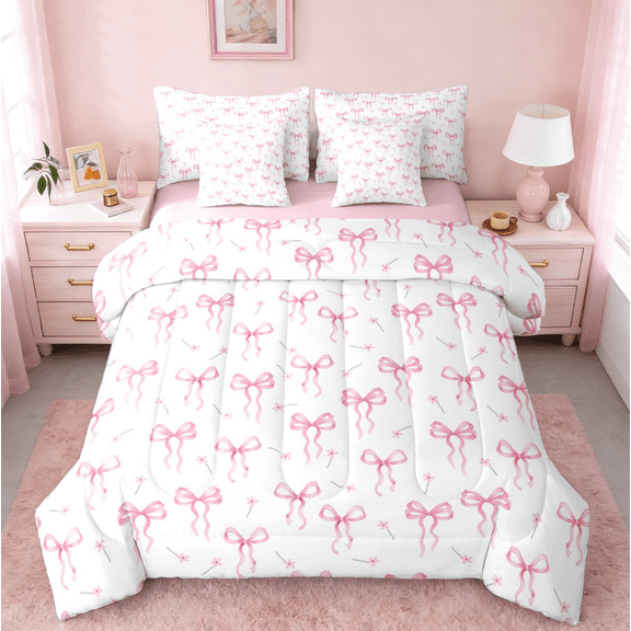 jejeloiu Kawaii Bow Twin Bedding Sets 7-Piece,Girls Bow Knot Bedding Comforter Set,Pink White Flower Sheet Sets For Child,Breathable Bedroom Decorative Reversible