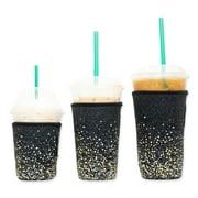 Baxendale Reusable Neoprene Insulator Sleeve for Iced Coffee or Cold Beverage Cups (Black & Gold Glitter Print, 3-pack, 16-32oz)