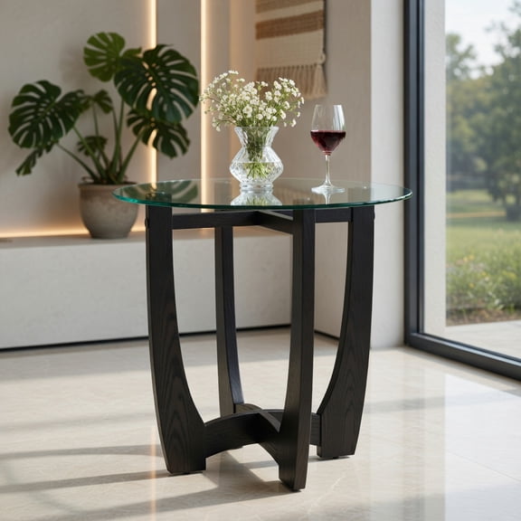 Resenkos Sofa Side End Table, End Table, Couch Table,23.5 Inch Round End Side Table with Tempered Glass Tabletop-Black
