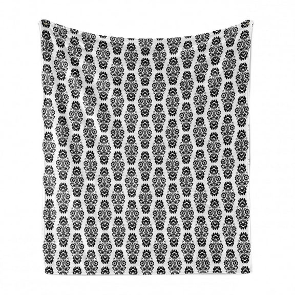 Polish Folk Art Soft Flannel Fleece Blanket, Repetitive Pattern of Monochrome Traditional European Floral Motif, Cozy Plush for Indoor and Outdoor Use, 70" x 90", Charcoal Grey White, by Ambesonne