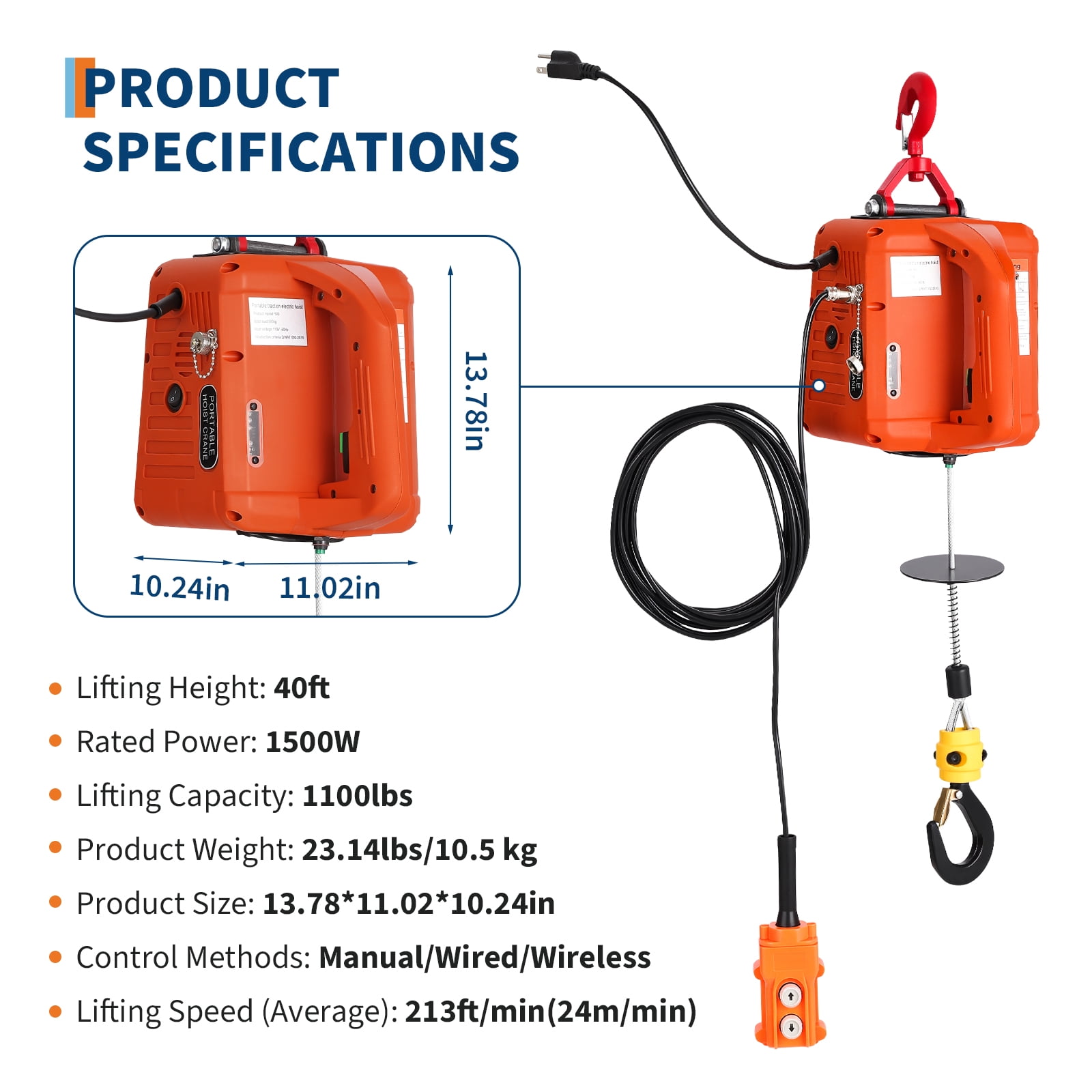 Mescukay 1100 lbs Electric Hoist Winch 3 in 1, 40ft Lifting Range, Portable Electric Power Winch w/Wire and Wireless Remote Control, Overload Protection, 120V 1500W Electric Hoist Crane for Towing