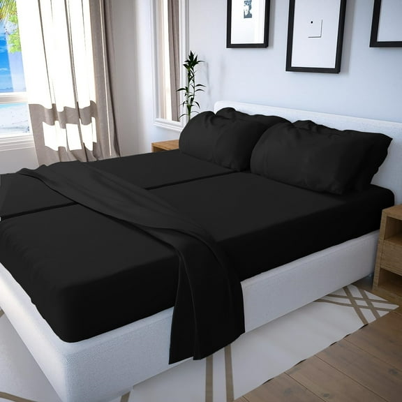 Real 600 Thread Count, FITs 28" EXTRA DEEP POCKET, 100% Egyptian Cotton [Split Queen - 5 PC Size, Black Color]