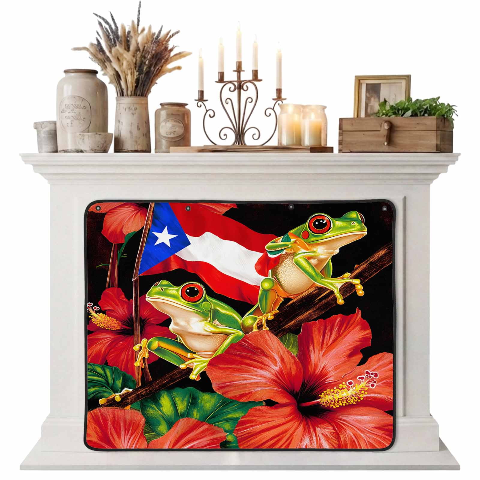 Puerto Rico Flag Magnetic Fireplace Cover Fireplace Draft Blocker Frog Red Flower Summer Leaf Fireplaces Blanket for Heat Loss/Cold Air Fireplaces Draft Stopper Cover for Inside 39 x32
