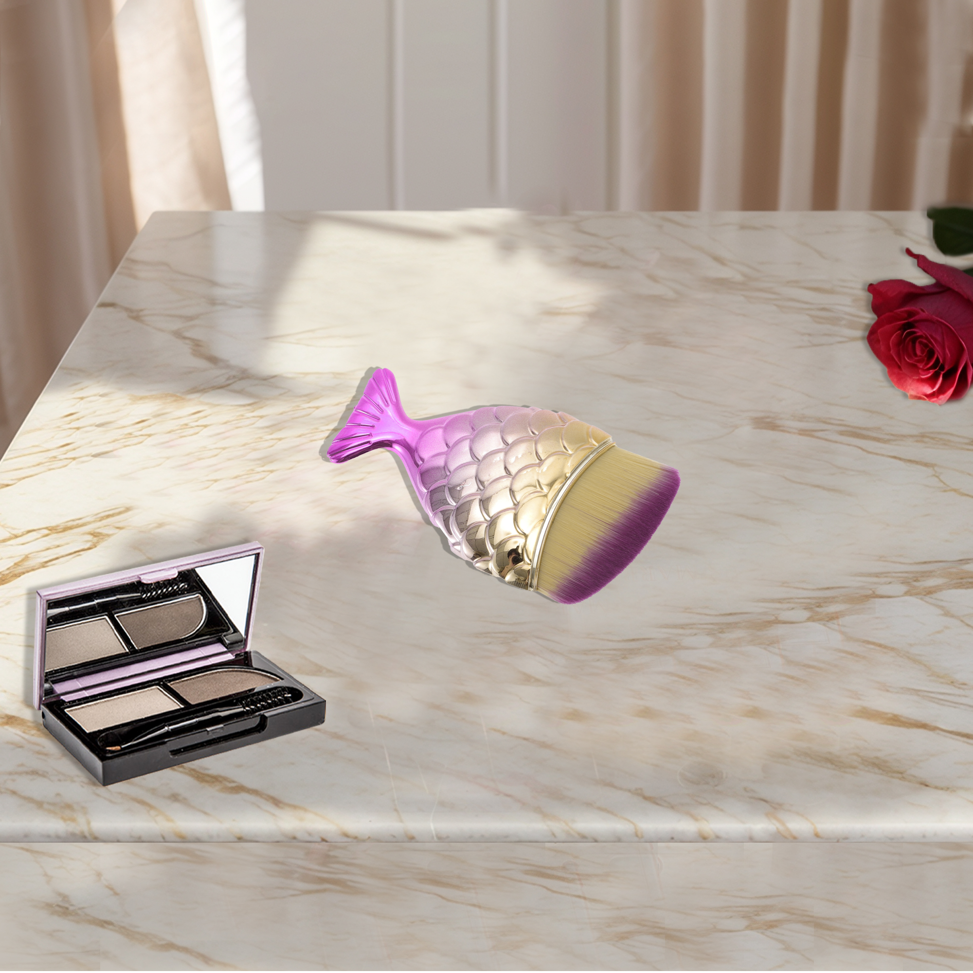 Unique Bargains 1 Pc Angled Mermaids Shape Foundation Brush for Travel Yellow, Pink