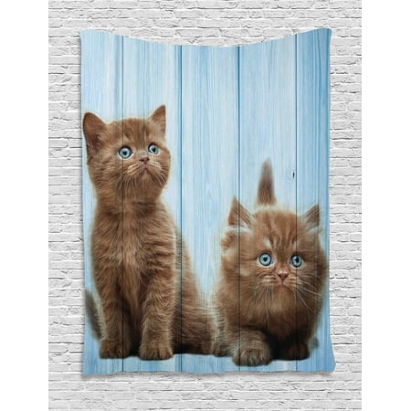 Animal Tapestry, Baby Kitten Siblings Lovely Animals Creatures Best Friend Pattern Art Print, Wall Hanging for Bedroom Living Room Dorm Decor, Caramel Sky Blue, by (Best Wall Art For Bedroom)