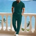thumbnail image 2 of Men's Short Sleeve Outfits Waffle Knit Henley Shirt and Long Pants Set Casual 2 Pieces Summer Beach Tracksuits with Pockets Big and Tall Size S-3XL Green, 2 of 5