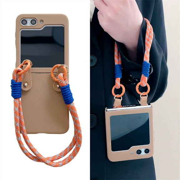 Haobuy for Samsung Galaxy Z Flip 5 Case with Hand Strap Lanyard Hard PC Slim Shockproof Case for Women-Brown