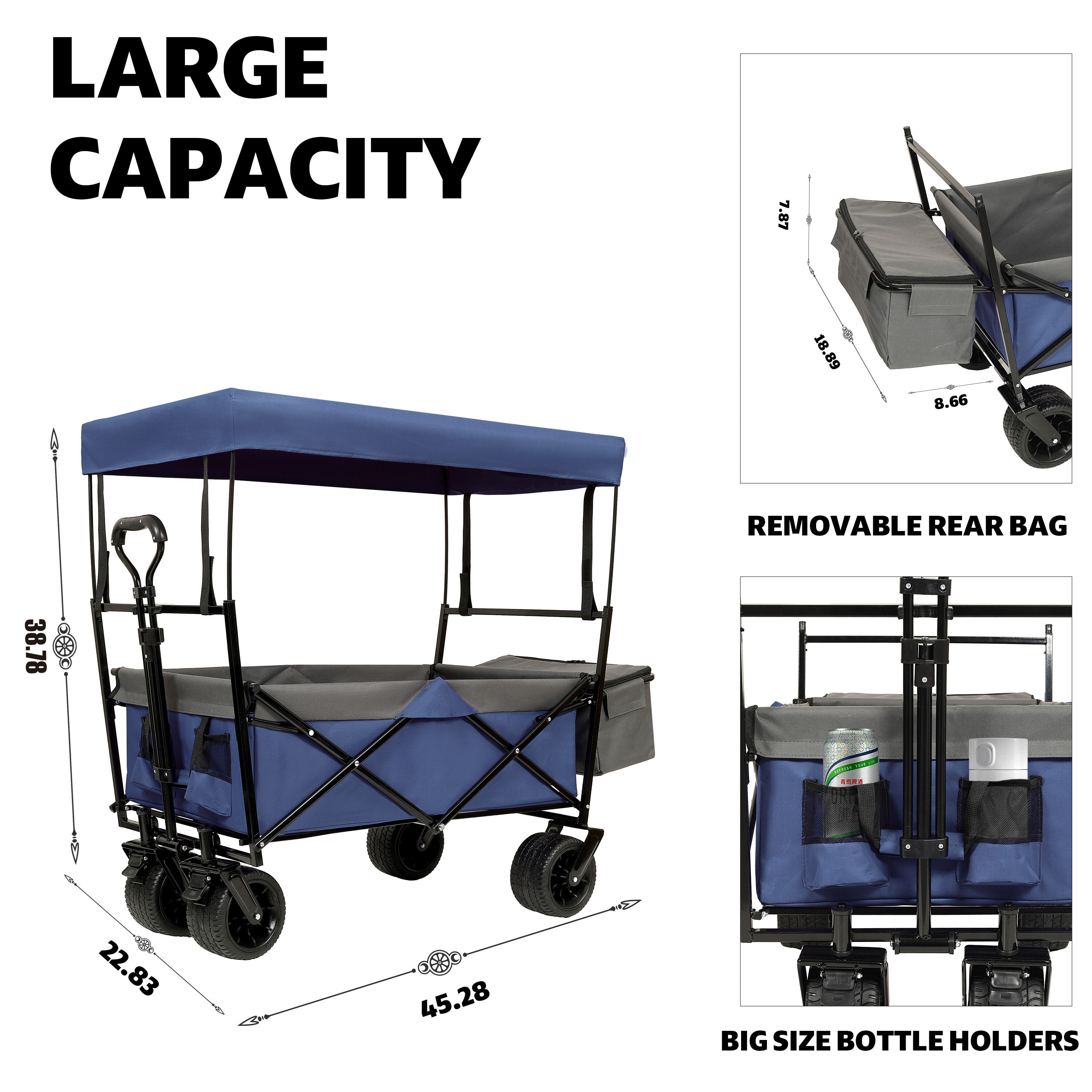 Folding Garden Carts 480Lbs Collapsible Wagon with Canopy,Wagon Stroller with 7" All-Terrain Wheels, Lightweight Foldable Wagon, Large Capacity for Camping, Shopping, Sports, and Garden Use, Dark blu