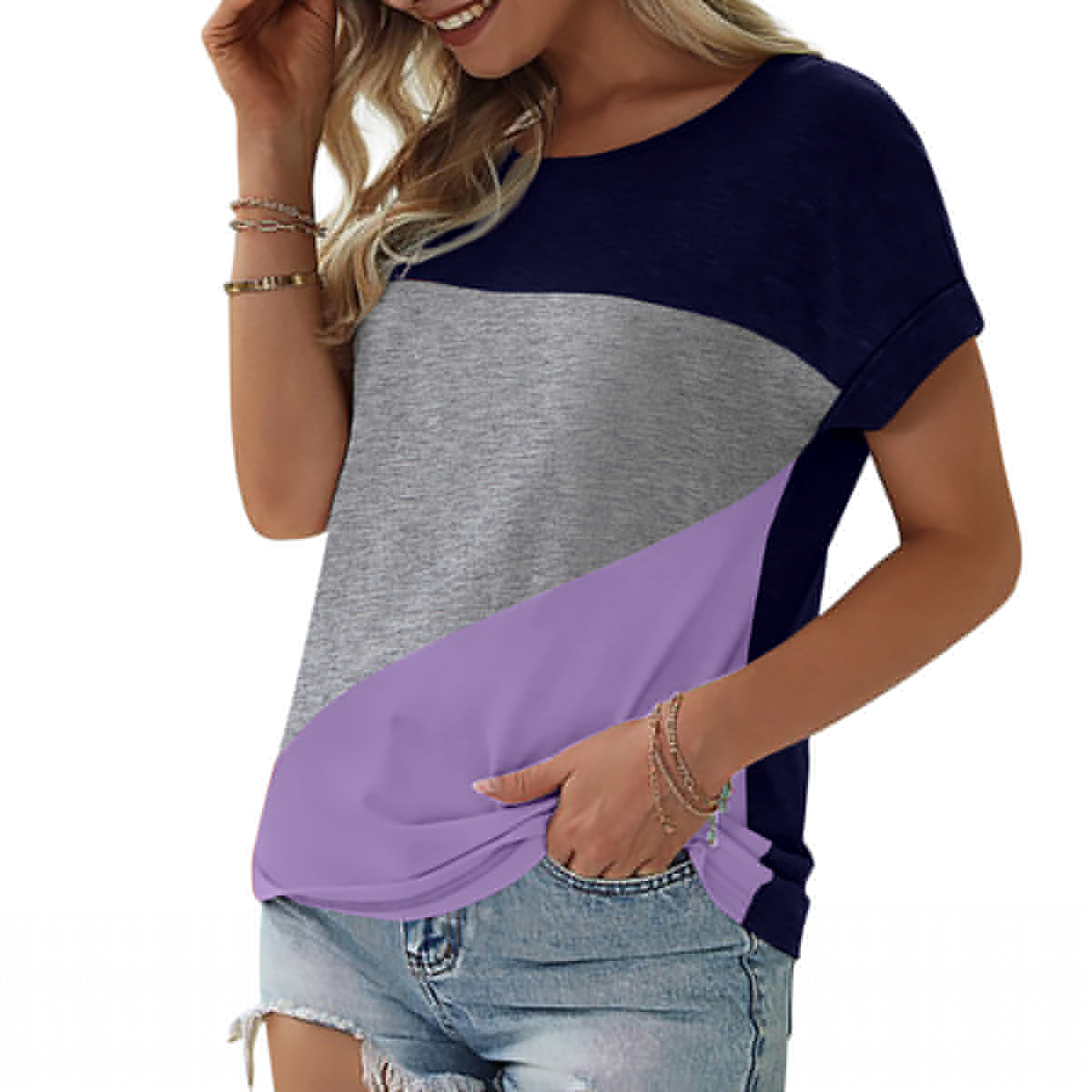 thumbnail image 2 of Langwyqu Womens Color Block Short Sleeve Tops Casual Summer T-Shirt, 2 of 3