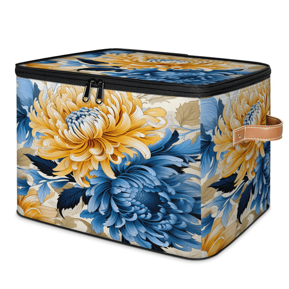 CURLYOOT Blue Yellow Chrysanthemum Flowers Storage Bin with Zipper Lid, Fabric Decorative Lidded Storage Baskets Boxes, Foldable Organizer Container Basket for Bedroom Closet Shelf