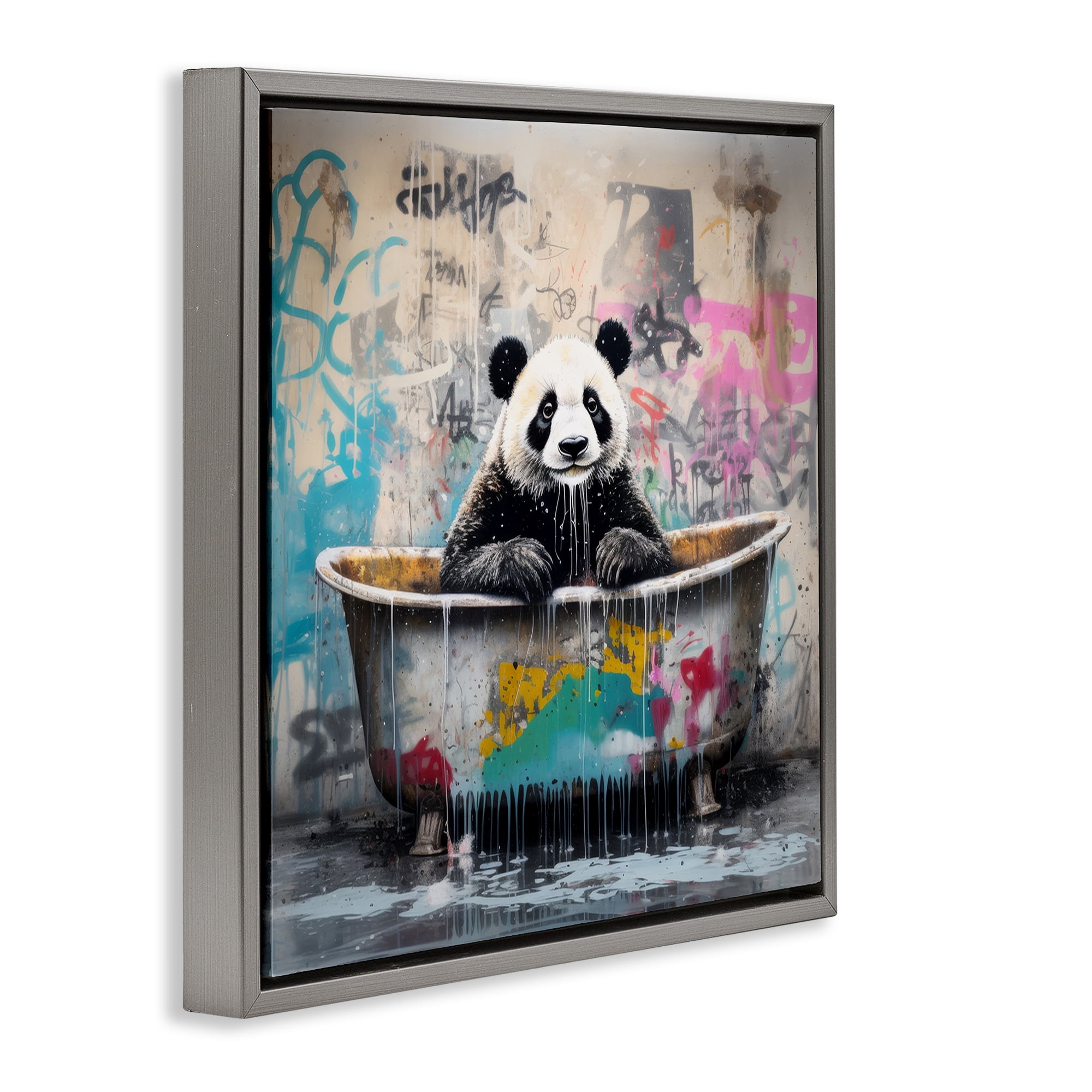 Stupell Industries Graffiti Bathing Panda Typography Painting Gray Floater Framed Canvas Art Print Wall Art, 18 x 18