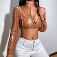 thumbnail image 4 of Zpanxa Womens Leather Jacket V Neck Solid Coat Jacket Zipper Solid Stand Collar Crop Top Outerwear Biker Jacket Brown L, 4 of 8