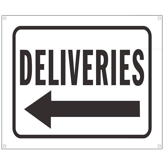 Deliveries Left Arrow Sign (White Background,Aluminium, 10x12)