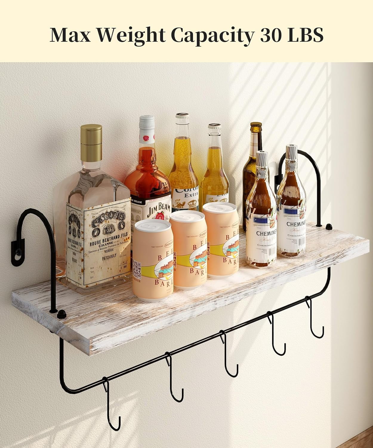Afuly Wall Shelf with Hooks, Solid Wood Coffee Mug Holder Coffe Bar Organizer, Wall Mounted Farmhouse Kitchen Storage Rack ( 16", Set of 2, White)
