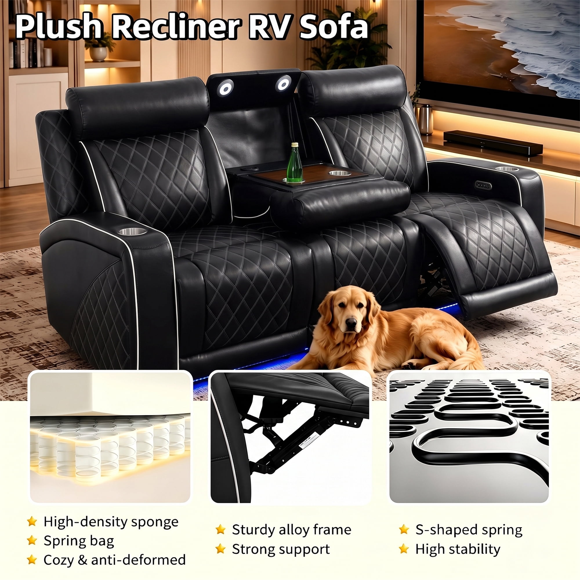 Aukfa Power Recliner 3 Seat RV Sofa with USB & Wireless Charging, Cup Holders Console & LED Lighting, Home Theater Seating for Living Room, PU Leather, Black