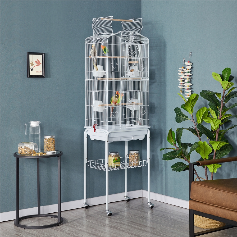 Alden Design 64" Large Rolling Metal Bird Cage with Open Top, White
