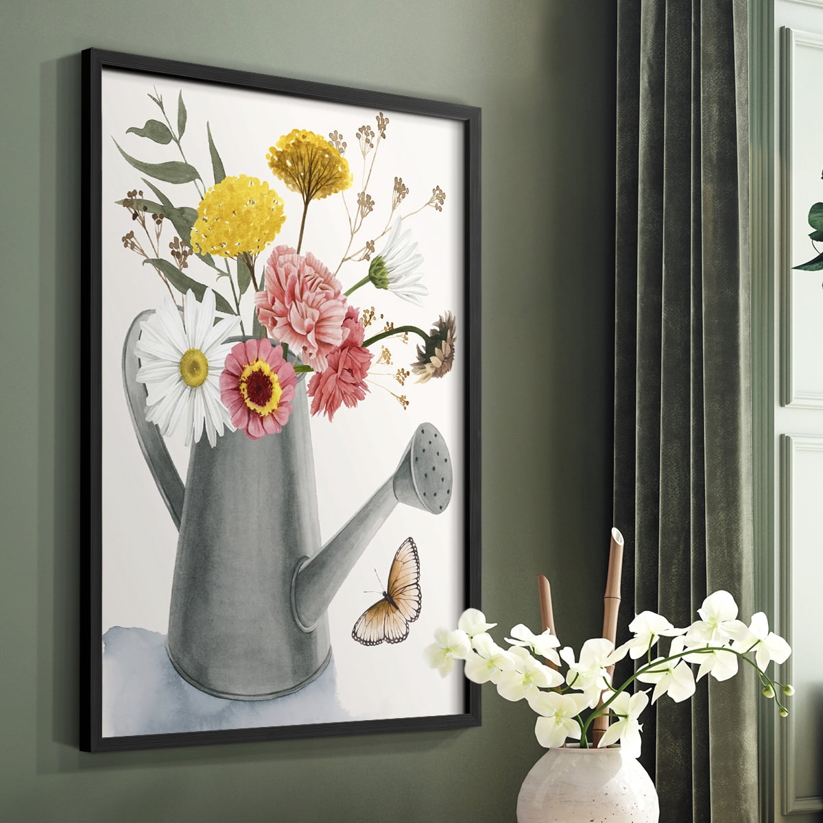 Watering Can Bouquet II Framed Print in Black Solid Wood 16 x 20 Framed Print