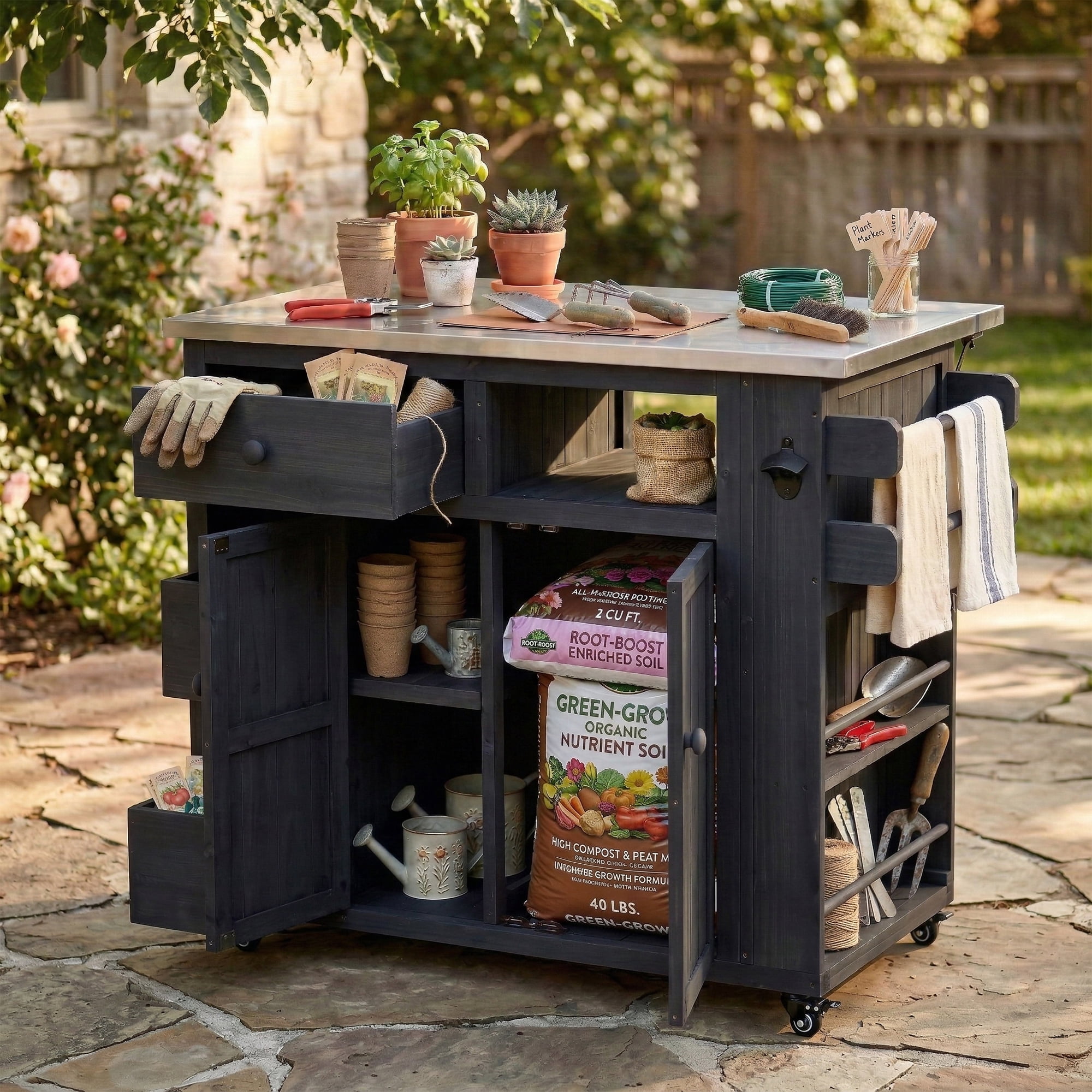 Outdoor Grill Cart with Extendable Table – 19.3"/28" Solid Wood Top, Stainless Steel Grill Table, Side Spice Rack, Drawers, Storage Cabinet for Backyard BBQ, Black