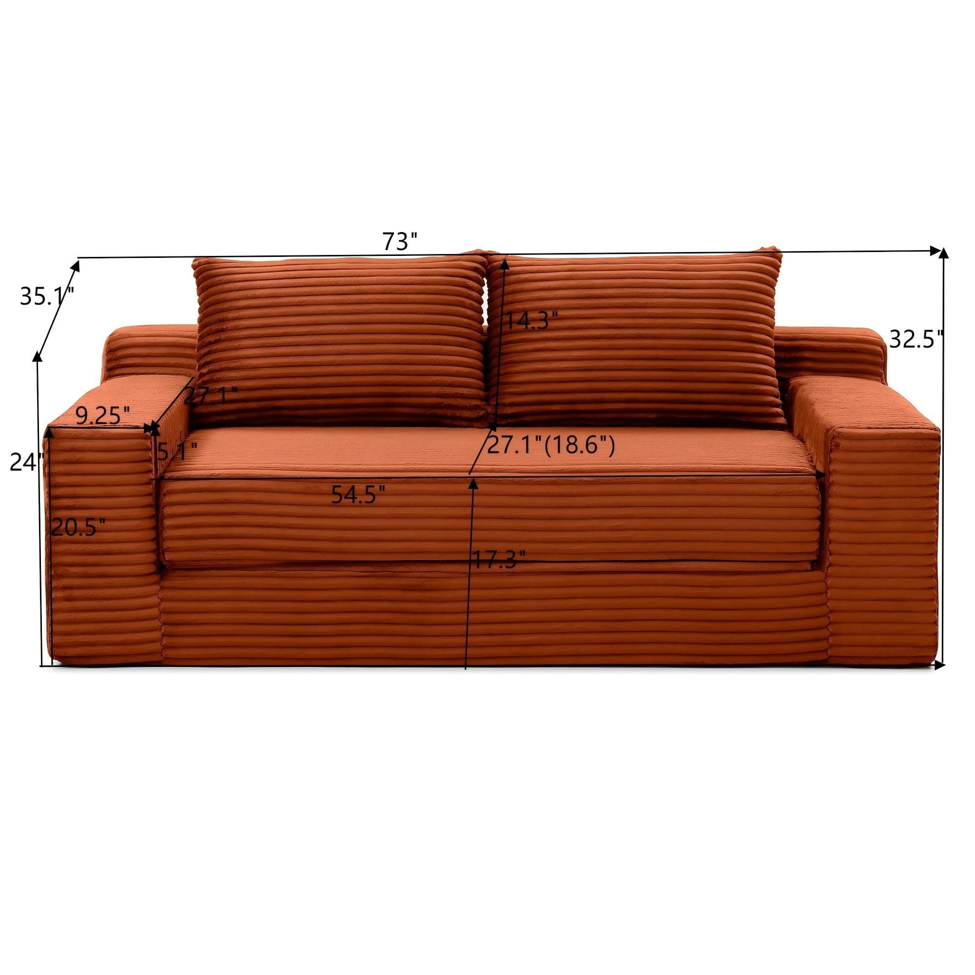 Howcool 73" Convertible Sofa Bed, Foldable Floor Couch, Boneless Foam Sleeper Sofa with Pull-Out Design, Corduroy Lazy Couch, No Assembly, Space Saving for Apartment Dorm Living Room, Orange
