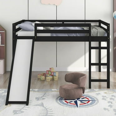 Full Loft Bed with Slide and Ladder for Kids, Wood Low Sturdy Loft Bed for Boys Girls Bedroom, No Box Spring Needed, Espresso 77.4''L x 57.2''W x 49.2''H