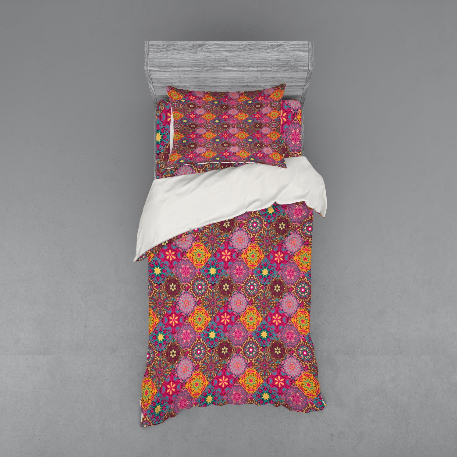 Moroccan Duvet Cover Set, Vibrant Mandala Motifs in Squares Eastern