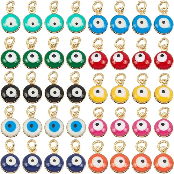 40 Pcs 18K Plated Gold Alloy Evil Eye Beads 10 Colors Brass Enamel Pendants Mini Evil Eye Charms with Jump Ring