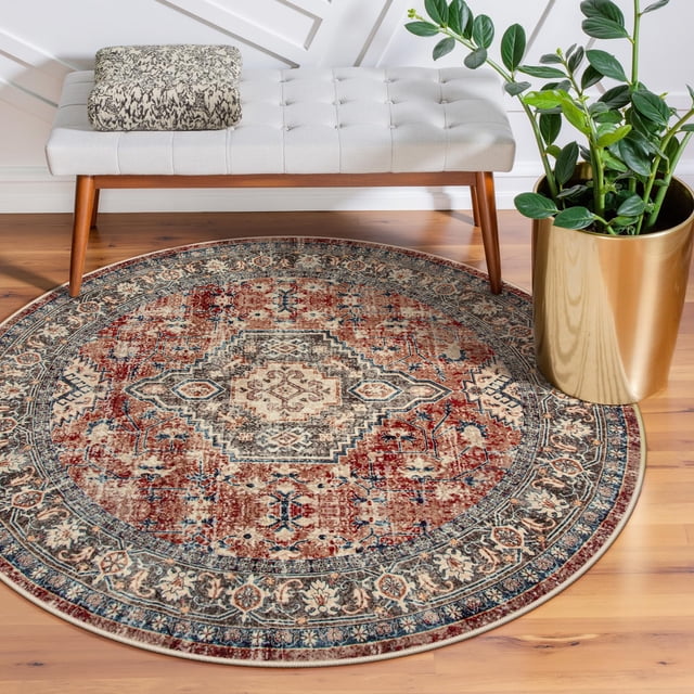 Alfombra Lahome Oriental, redonda, lavable, 120 cm, color rojo ladrillo