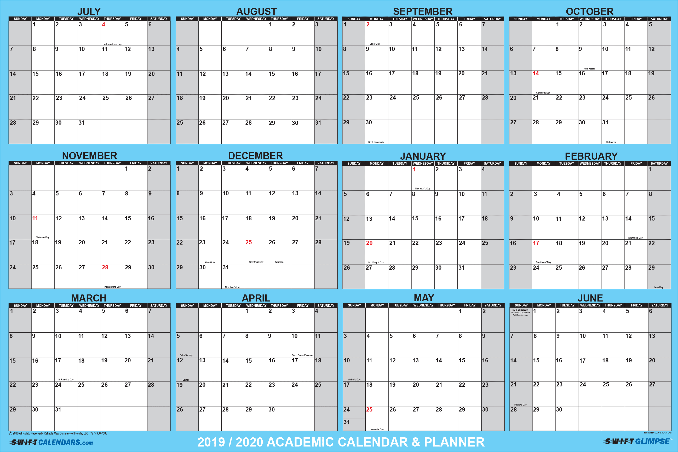 32x48 SwiftGlimpse 2019 2020 Academic Wall Calendar