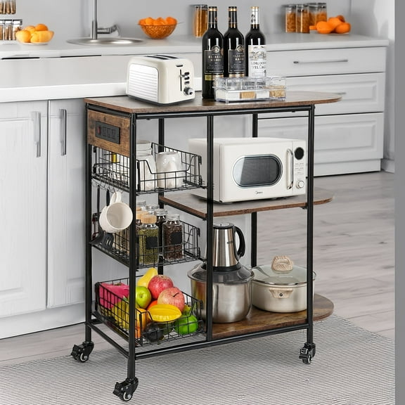 ZZBIQS Bakers Rack with Power Outlet,Rolling Kitchen Island on Wheels for Oven Microwaves,Coffee Bar Table Storage Shelves, 32.7*14.2*33.9 inches,Brown