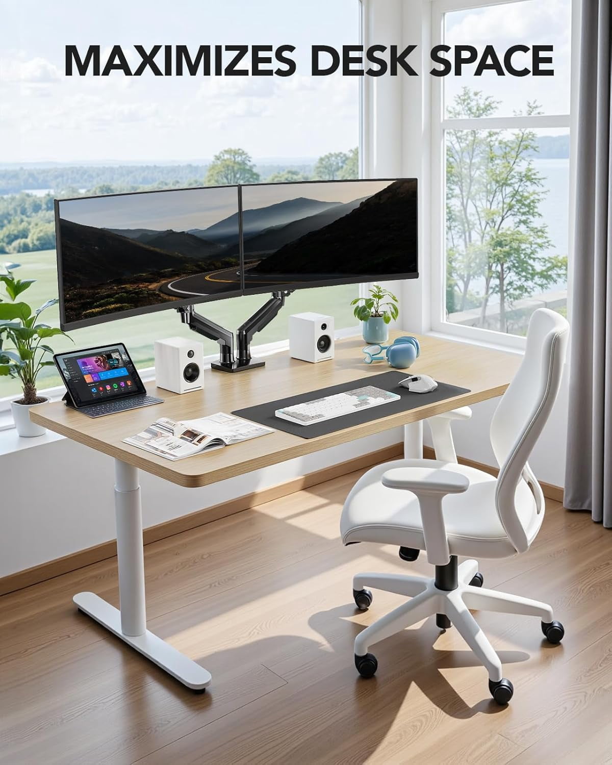 FlowLift Dual Monitor Stand Fully Adjustable Gaming Desk Mount for 13-32 Inch Screens