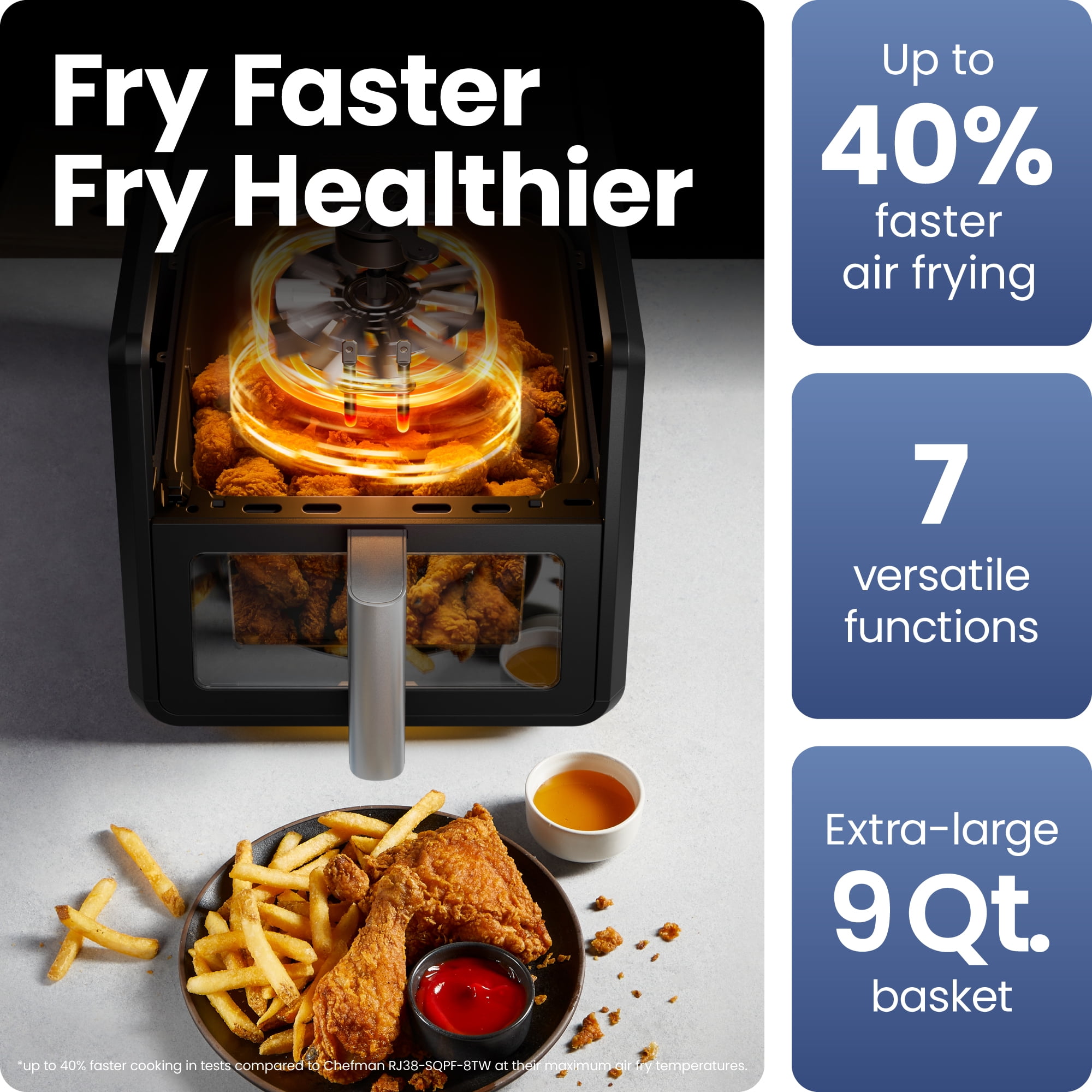 Chefman TurboFry 7-in-1 Air Fryer, Powerful DC Motor Heats to 450°F, 9-Quart Nonstick Basket - Black