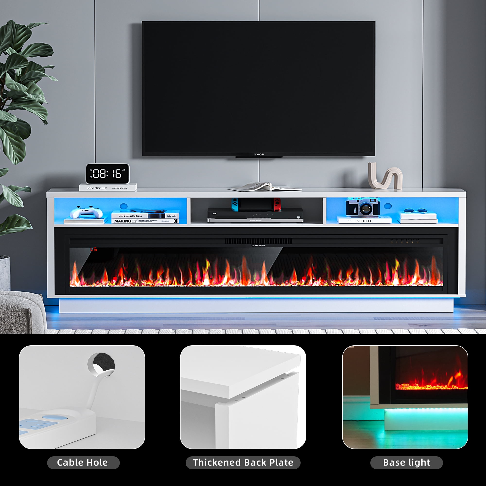 HARIPUL 70" Fireplace TV Stand for TVs Up to 80" with 64" Electric Fireplace, TV Console for The Living Room, LED Light Entertainment Center, Storage Cabinet, Media Console Table, White