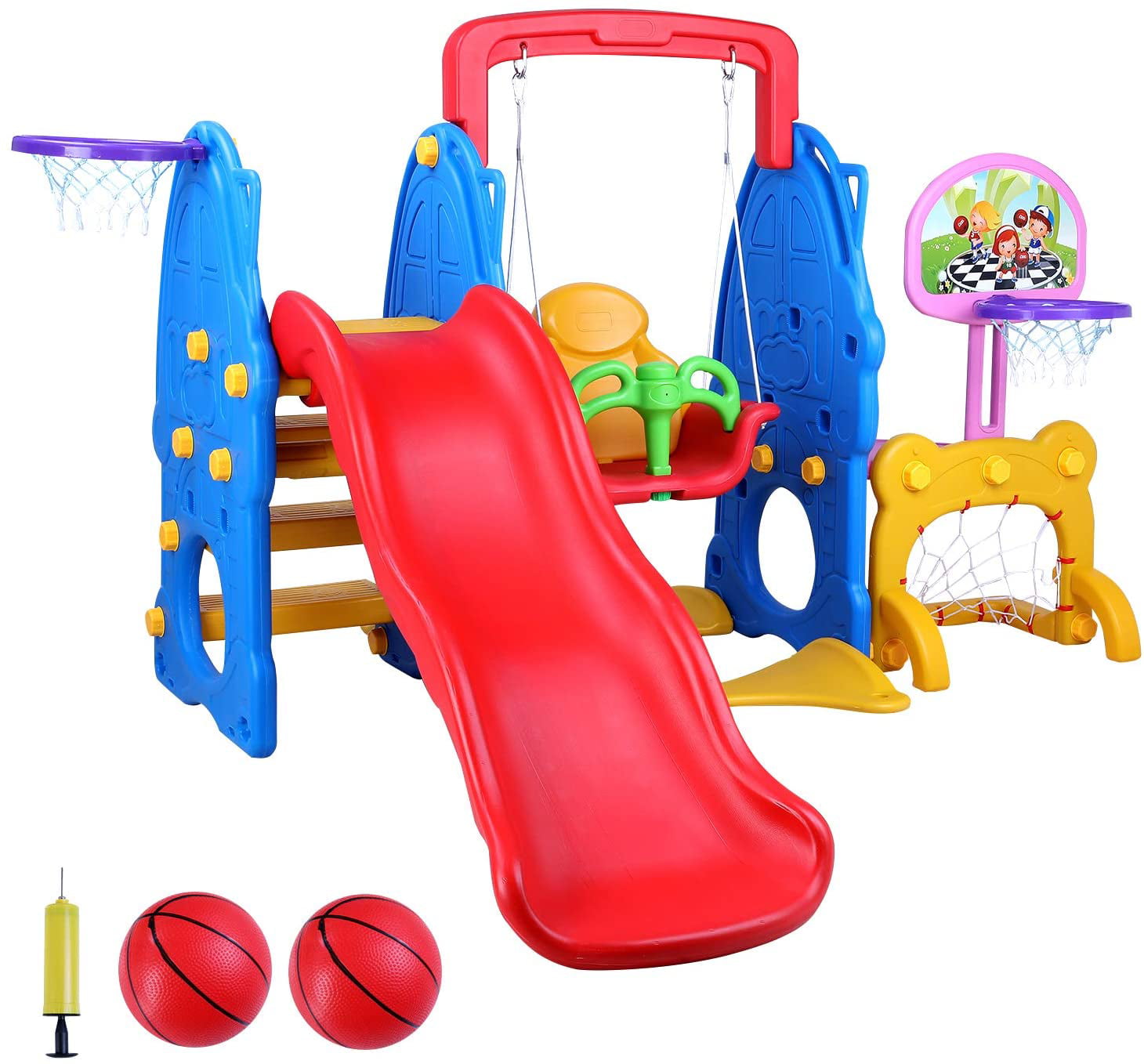 ROLENUNE Children Slide Climber and Swing Set 3 in 1 Kids Playset Indoor Outdoor Toddler Playground Toy with Basketball Hoop Game Activity Center in Backyard Boy Girl Age for 4 5 6 Year Old Blue 
