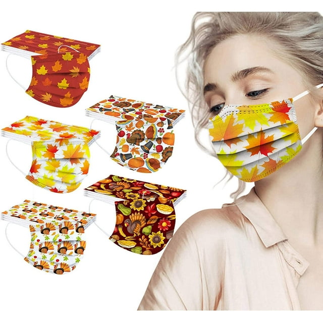 HUGFEGWE 50Pcs Fall Disposable Adults Face Masks,3 Ply Protective Disposable Face Masks with Maple Leaf Thanksgiving Designs (Fall/Thanksgiving J) CJB91-40806