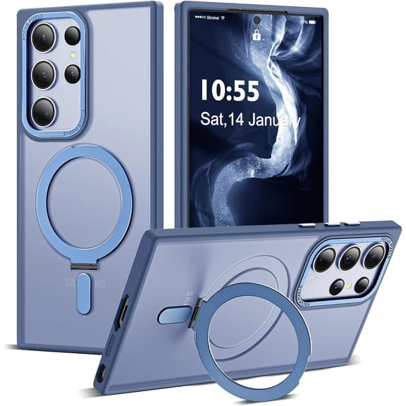 for Samsung Galaxy S23 Ultra Case with Magnetic Invisible Ring Stand, Compatible with MagSafe, Military Drop Protection Translucent Matte S23 Ultra Phone Case for Men and Women, Blue