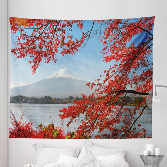 Mountain Tapestry, Far Away View of a Mountainous Area in Autumn, Fabric Wall Hanging Decor for Bedroom Living Room Dorm, 5 Sizes, Vermilion Pale Sky Blue, by Ambesonne